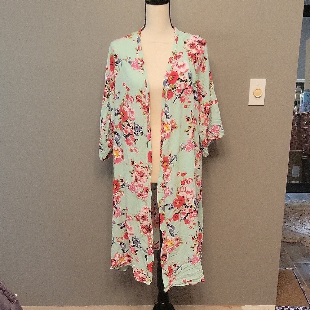 Large Pinkblush Floral Mint Kimono Robe EUC